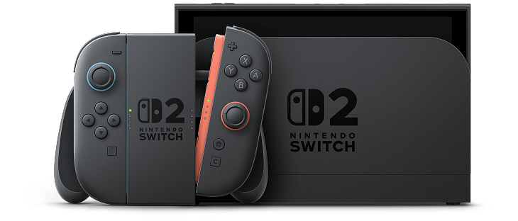 Nintendo Switch 2 console in black with dock, system, and Joy-Con 2 controllers in charging controller.