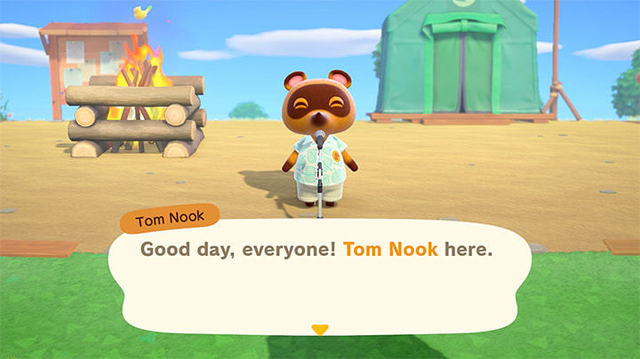 Tom Nook dit « Bonjour tout le monde! C’est Tom Nook. » Cliquez pour ouvrir la vidéo d’intro « Qu’est-ce que c’est qu’Animal Crossing? » dans une fenêtre contextuelle.