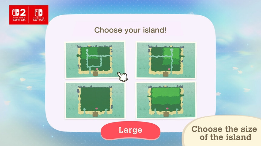 Four different large-size island options including with rivers, non-terraformed, and terraformed with cliffs. Caption: Choose the size of the island: small, medium, or large.