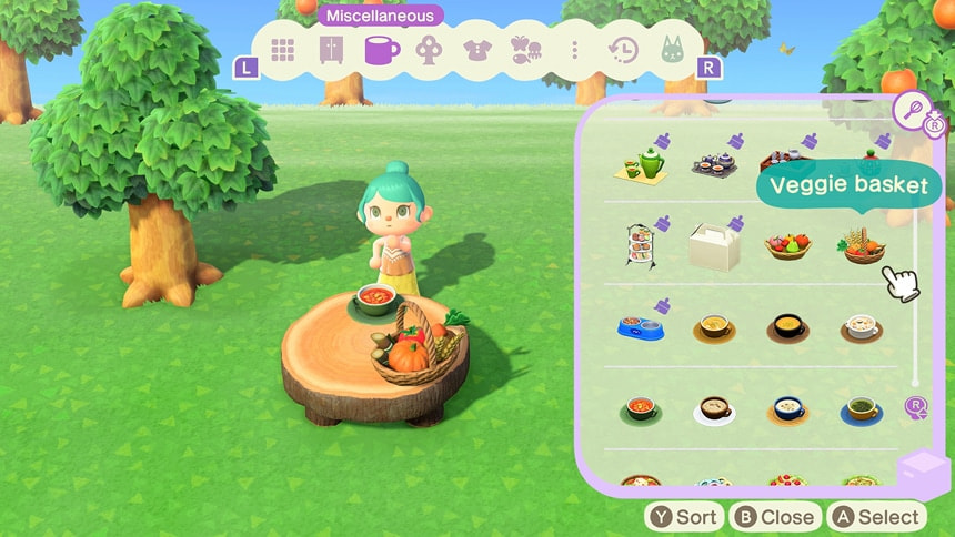 Player dips into storage to see food options. Caption: Decorate with furniture and items you have in storage.