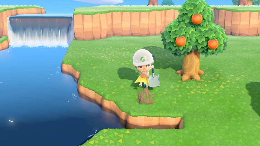 Player digs in to terraform a river. Caption: Create and terraform your Slumber Island however you want!