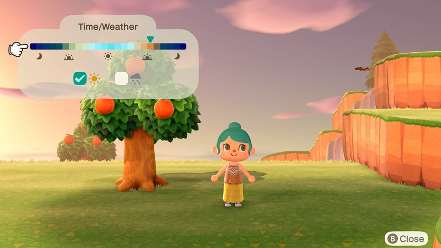 Player stands at sunset on a warm day. Caption: Choose the time of day and the type of weather.