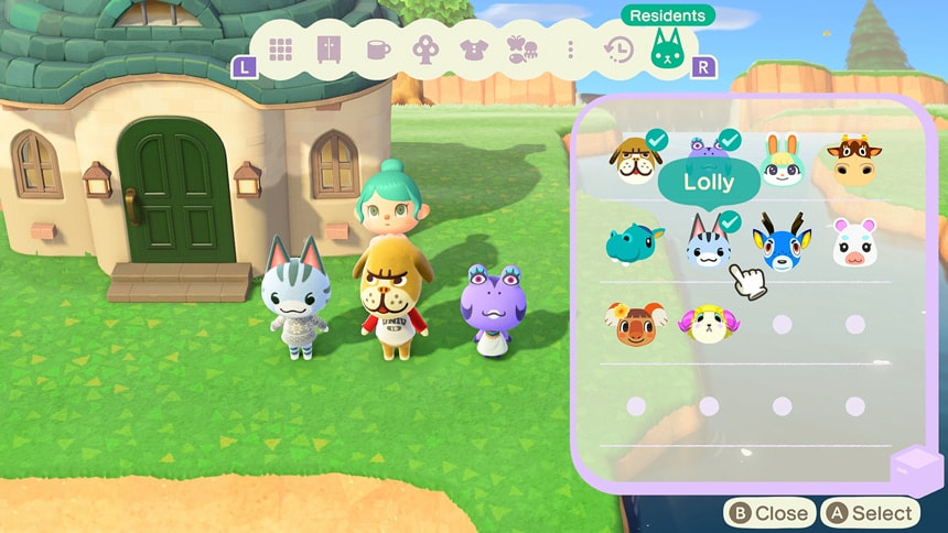 Player selects animal residents from menu. Caption: Invite your island residents to visit your Slumber island.