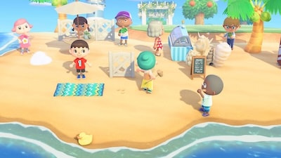 Eight players hang out together on a beach, each enjoying a different activity.