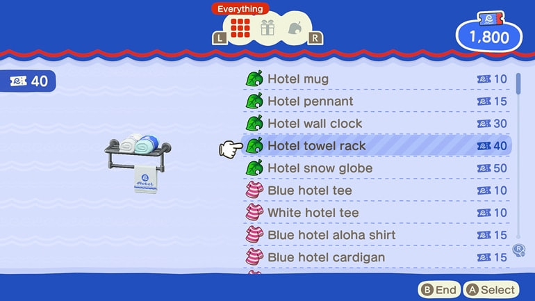 Ticket reward menu option to selection of special items: hotel mug, pennant, wall clock, towel rack, snow globe, blue tee, white tee, blue aloha shirt, and blue cardigan.