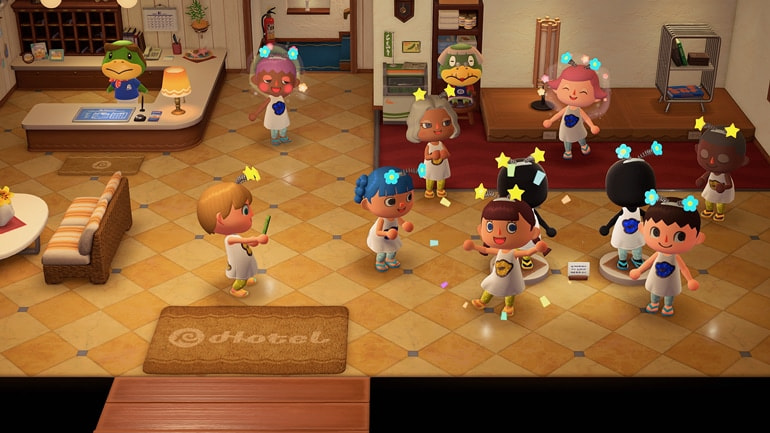 Eight players wear matching outfits in the hotel lobby with display mannequins.